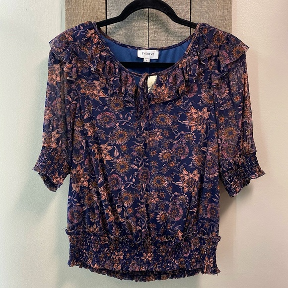 Evereve Tops - NWT Evereve Estelle Floral Mesh Blouse in Navy Women’s Size Large